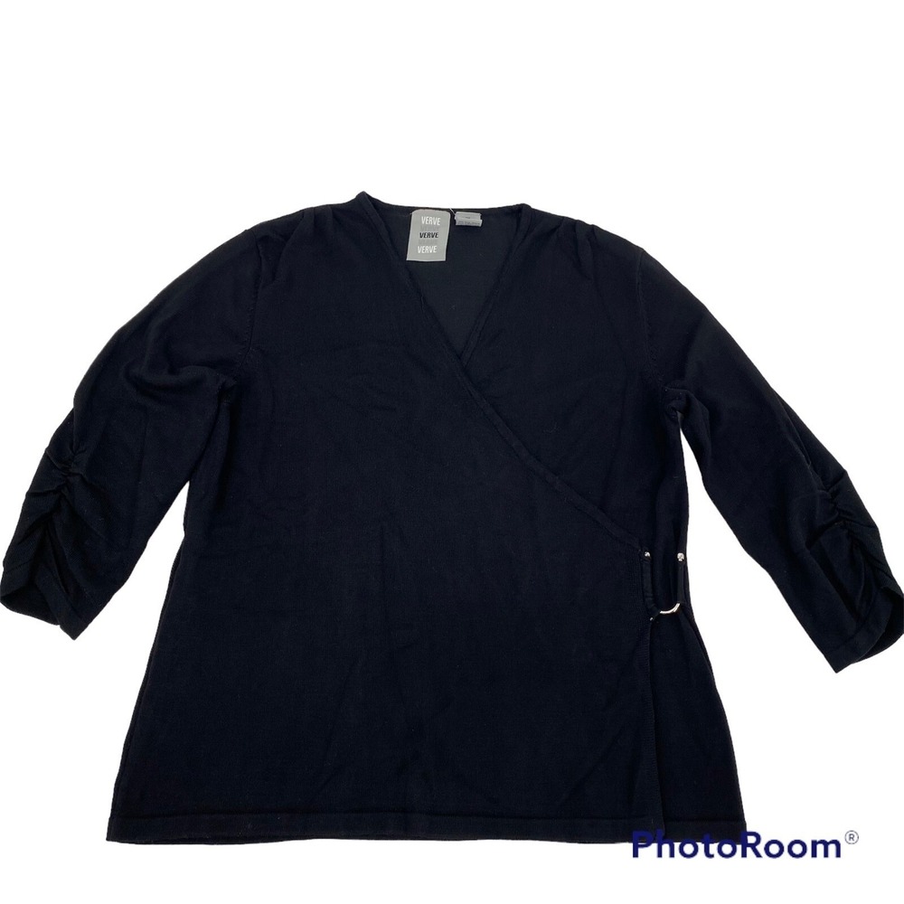 Black Wrap Style Knit Top Shirt Draped Dolman Sleeve Ring Detail Casual Verve XL